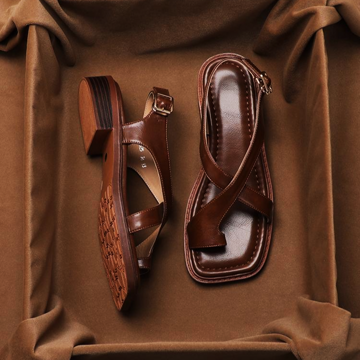 Leather Cross-Strap Sandals with Cushioned Footbed and Low Heel, Women's