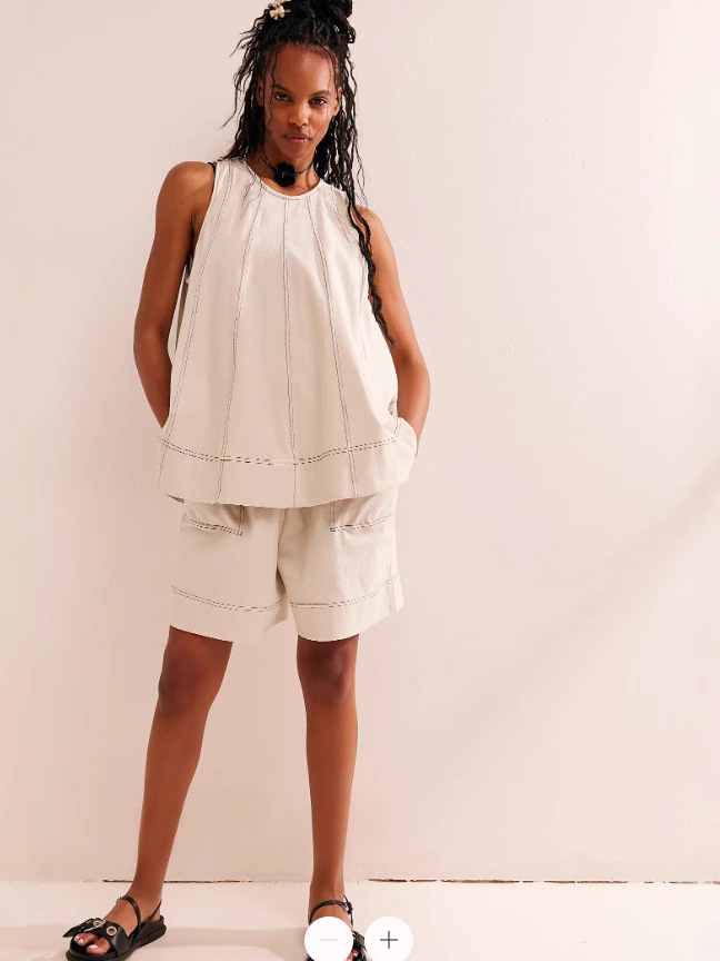 Two-Piece Cotton Set, Cropped Tank Top and Elastic-Waist Shorts with Raw Seam Detailing in Sunwashed Yellow