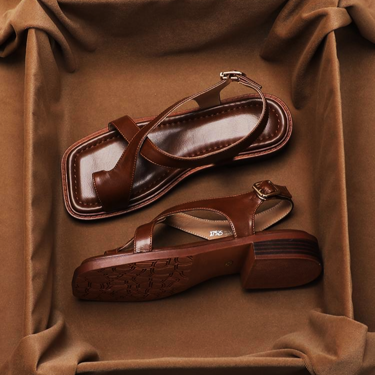 Leather Cross-Strap Sandals with Cushioned Footbed and Low Heel, Women's