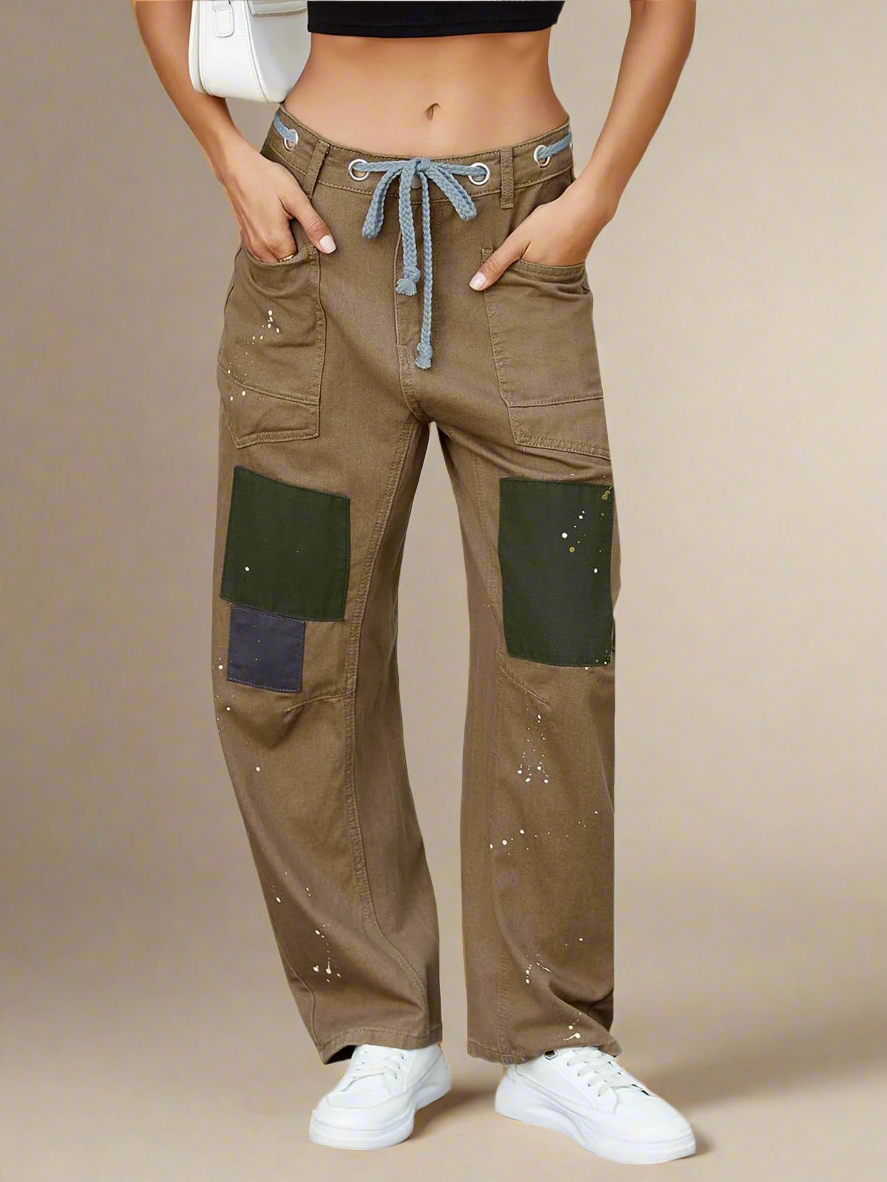 Utility Jeans with Paint-Speckled Wash, Rope Drawcord Waist, and 100% Cotton Denim