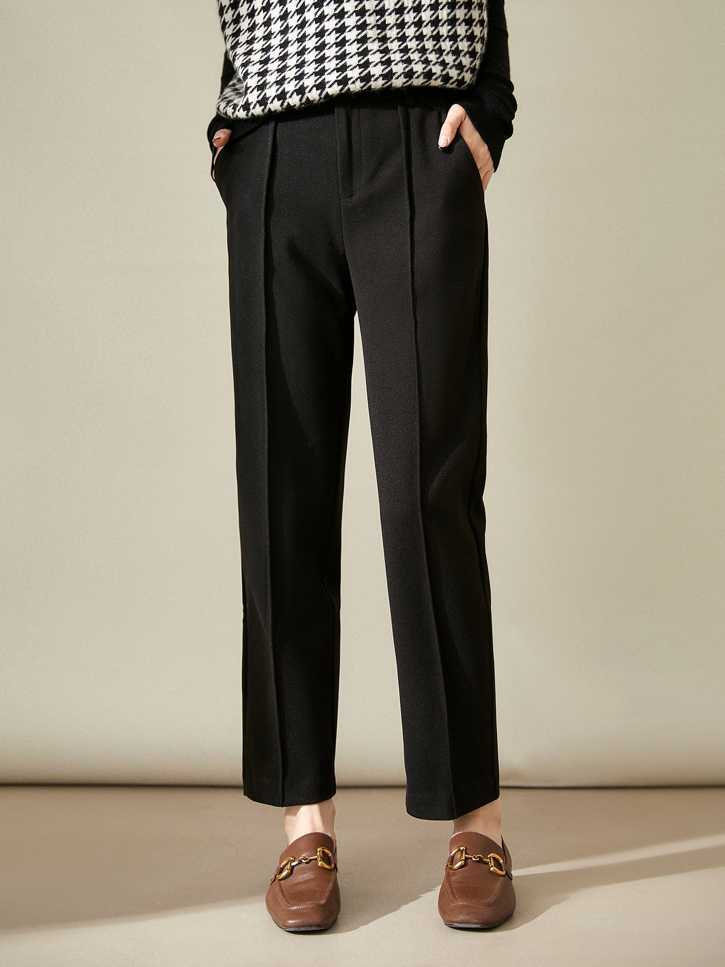 Tapered Wool-Blend Trousers with High-Waist Fit, Slim Silhouette, and Soft Woolen Touch in Khaki