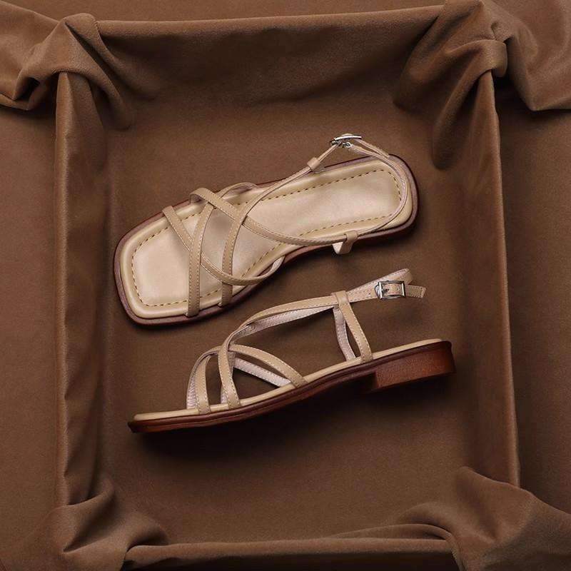 Leather Strap Sandals with Cushioned Footbed, Adjustable Gold Buckle and Low Stacked Heel