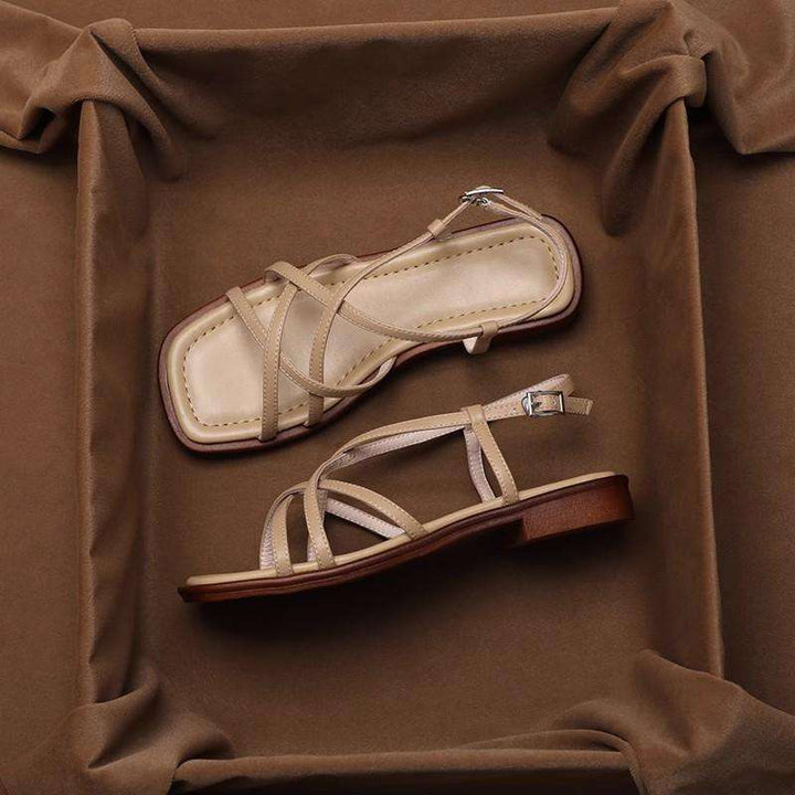 Leather Strap Sandals with Cushioned Footbed, Adjustable Gold Buckle and Low Stacked Heel