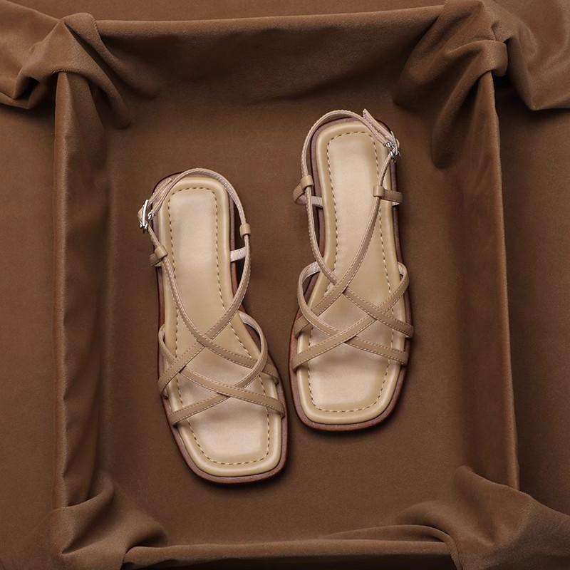 Leather Strap Sandals with Cushioned Footbed, Adjustable Gold Buckle and Low Stacked Heel