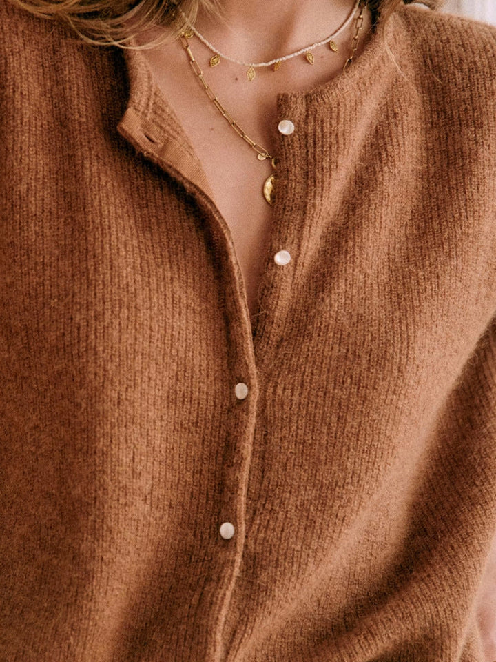 Wool Blend Knit Cardigan with Long Sleeves and Relaxed Layering Fit in Ivory