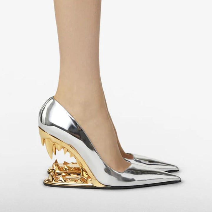 Pointed-Toe Stiletto Pumps in Metallic Gold Finish with Sculpted High Heel for Standout Style