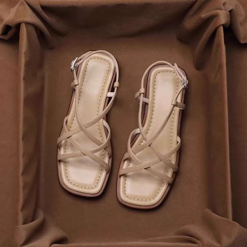 Leather Strap Sandals with Cushioned Footbed, Adjustable Gold Buckle and Low Stacked Heel
