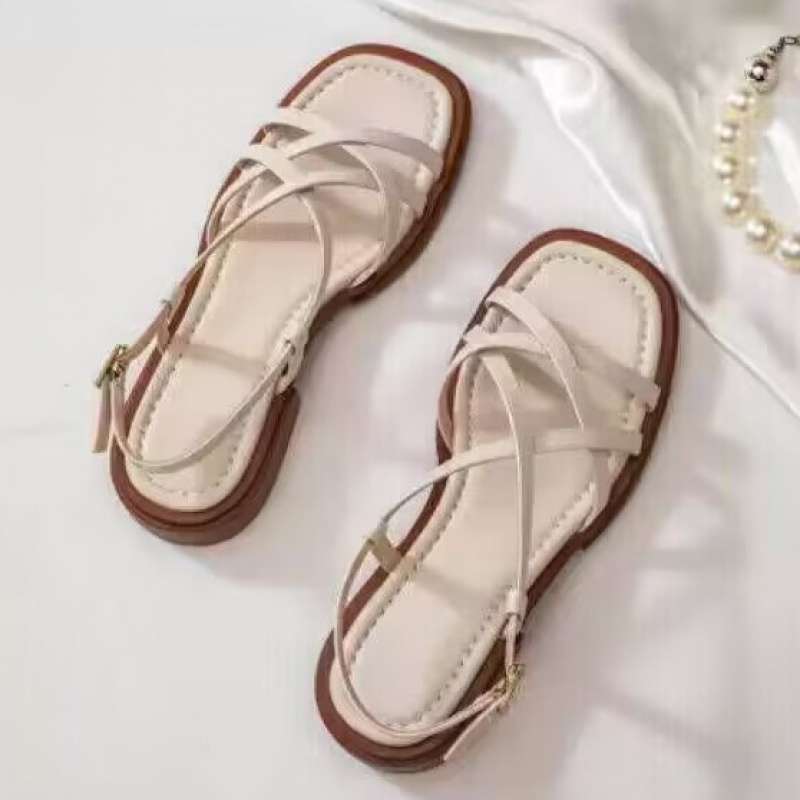 Leather Strap Sandals with Cushioned Footbed, Adjustable Gold Buckle and Low Stacked Heel