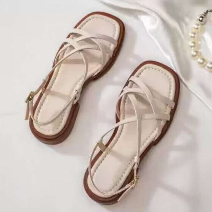 Leather Strap Sandals with Cushioned Footbed, Adjustable Gold Buckle and Low Stacked Heel