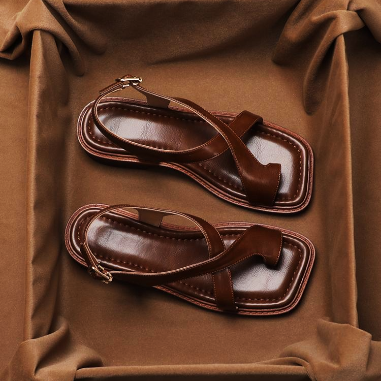 Leather Cross-Strap Sandals with Cushioned Footbed and Low Heel, Women's