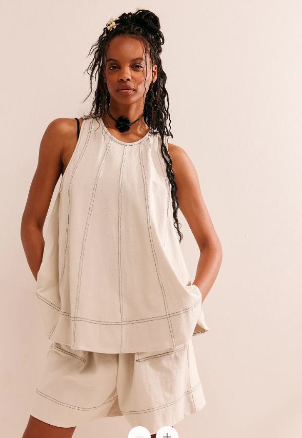 Two-Piece Cotton Set, Cropped Tank Top and Elastic-Waist Shorts with Raw Seam Detailing in Sunwashed Yellow