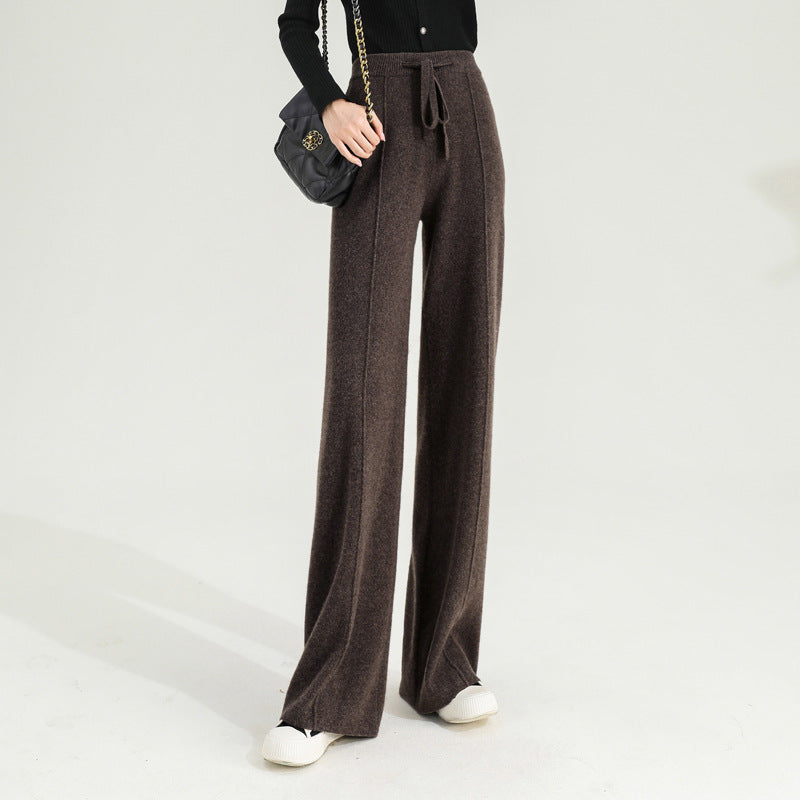 Wide-Leg Merino Wool Trousers with High-Waist Elastic Drawstring Waistband