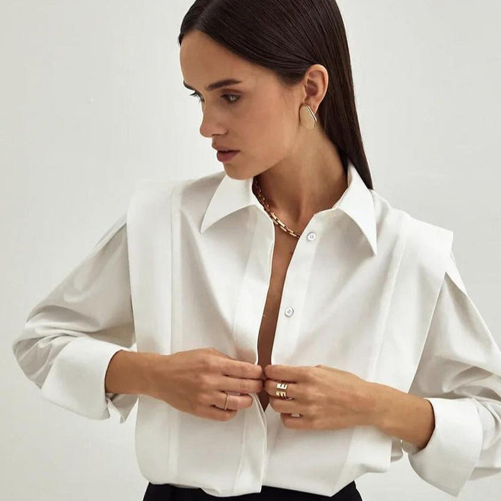 Button-Up Blouse in Crisp White Organic Cotton with Sharp Collar and Voluminous Sleeves