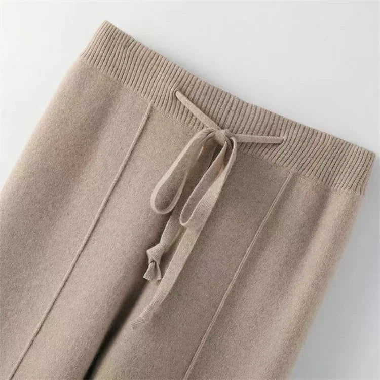 Wide-Leg Merino Wool Trousers with High-Waist Elastic Drawstring Waistband