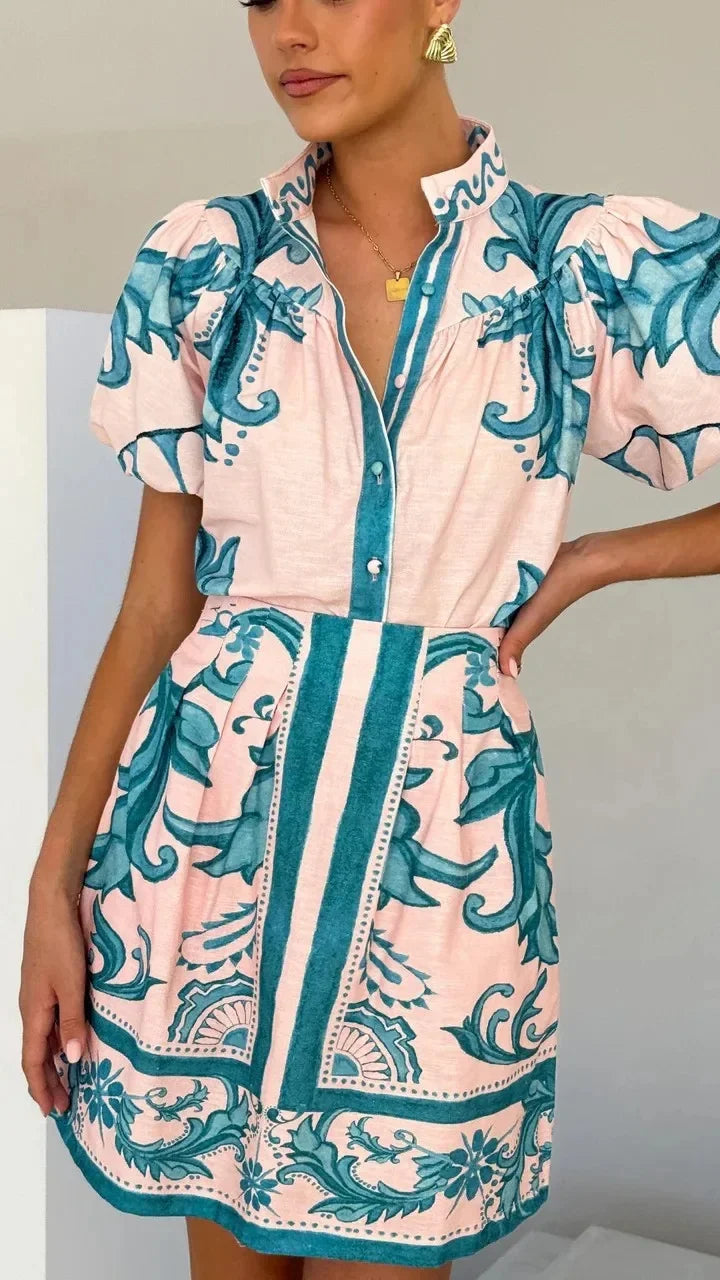 Floral Skirt Co-ord Set in Cotton-Linen Blend with Puff Sleeves and High-Contrast Trim