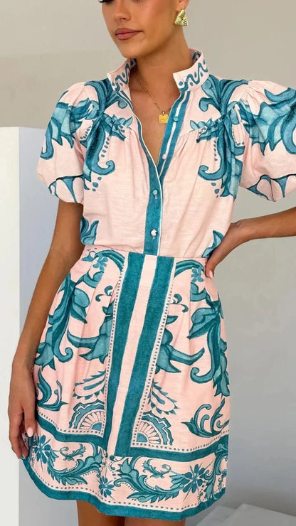 Floral Skirt Co-ord Set in Cotton-Linen Blend with Puff Sleeves and High-Contrast Trim