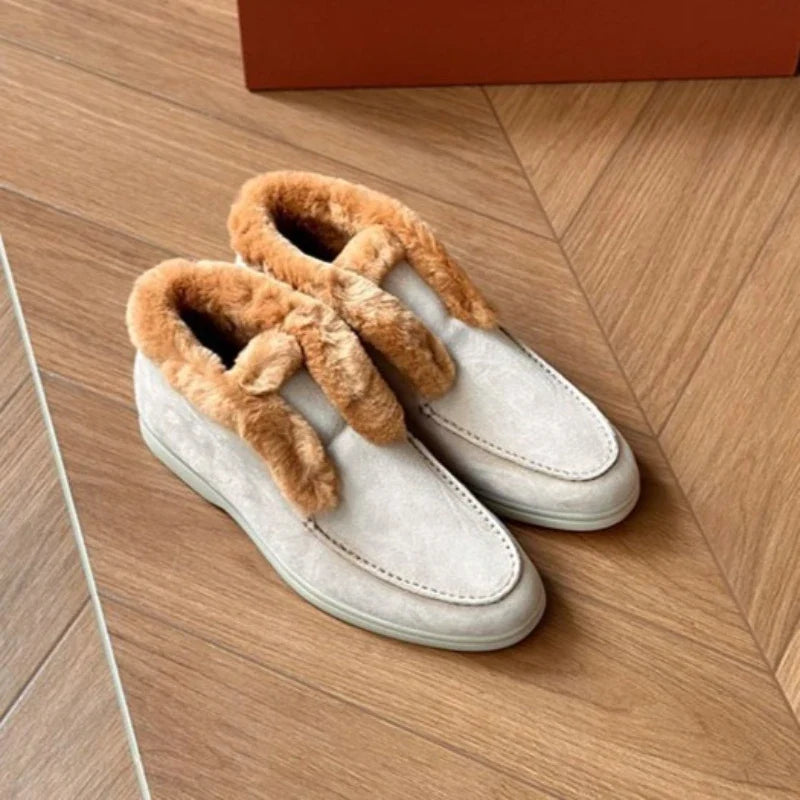 Suede Loafer Boots with Shearling Lining, Moc Toe Slip-On Design and Cushioned Sole
