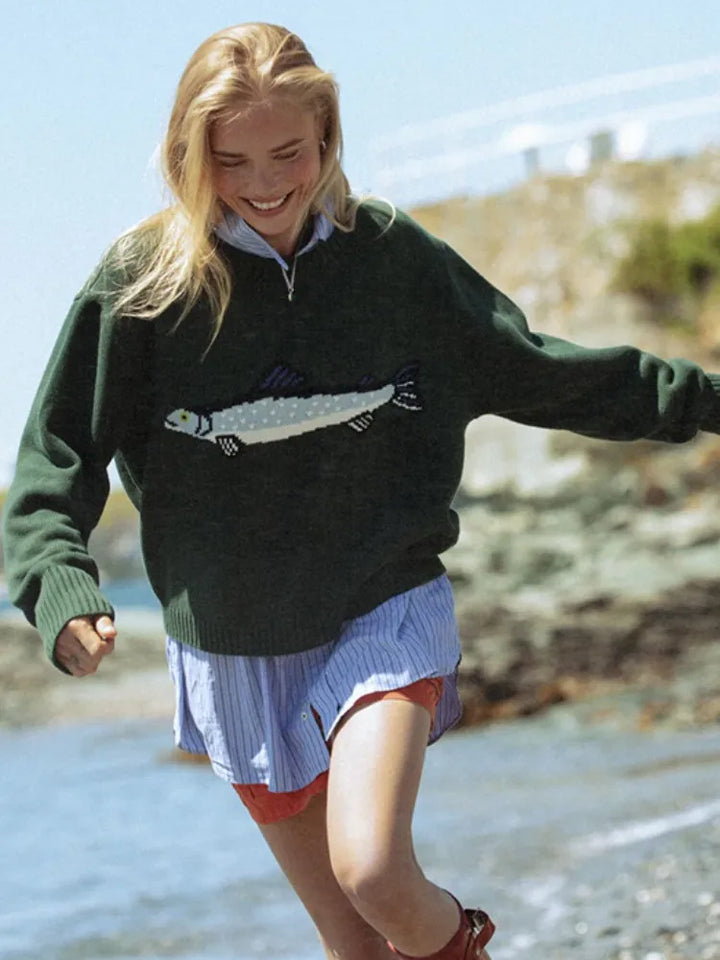 Half-Zip Wool-Blend Sweater with Intarsia Fish Motif, Ribbed Cuffs, and Relaxed Oversized Fit