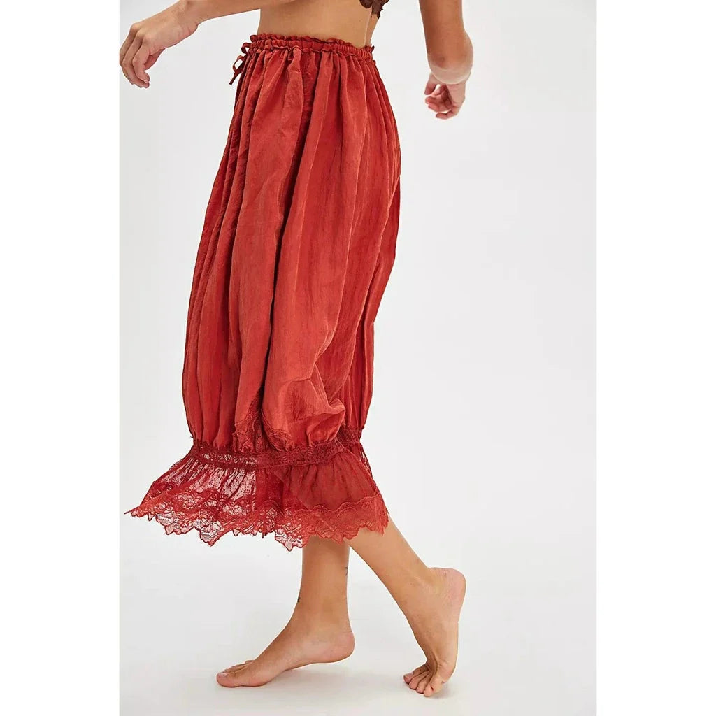 Lantern Pants with Ruffled Lace Cuffs and High-Rise Stretch Waistband in Cotton Blend