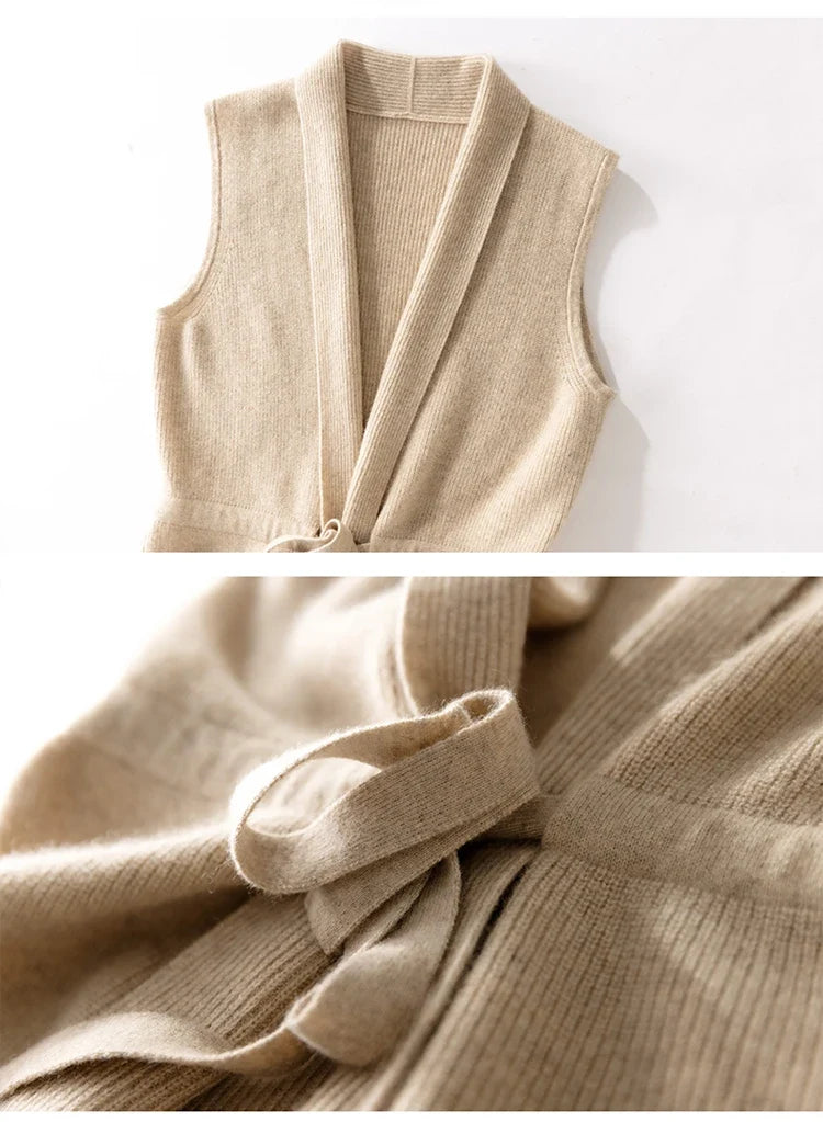 Merino Wool and Cashmere Blend Knit Vest with Adjustable Waist Tie and Slim Fit