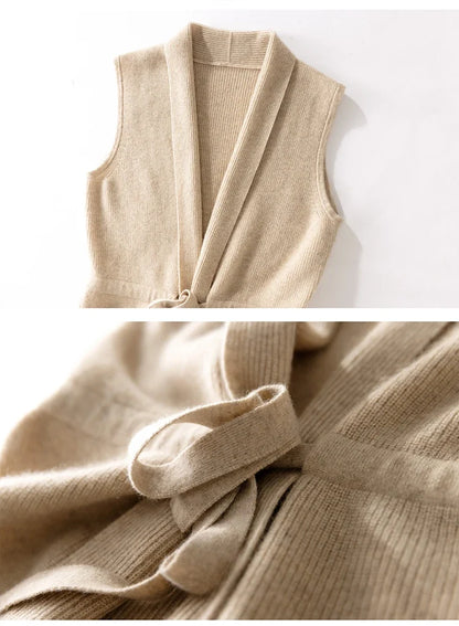 Merino Wool and Cashmere Blend Knit Vest with Adjustable Waist Tie and Slim Fit