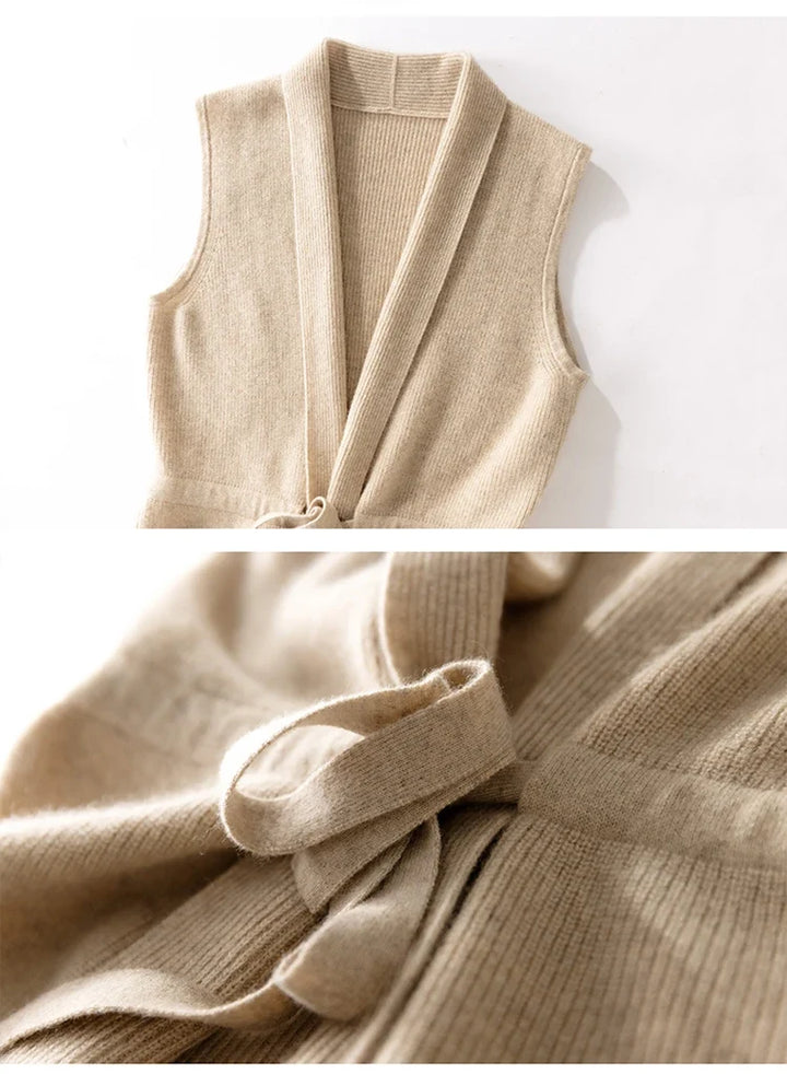 Merino Wool and Cashmere Blend Knit Vest with Adjustable Waist Tie and Slim Fit