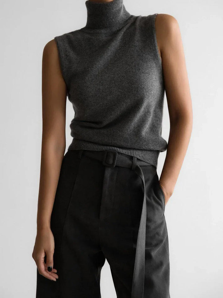 High-Neck Sweater Vest in Soft Wool-Cashmere Blend, Sleeveless Sculpted Fit with Structured Tall Neckline