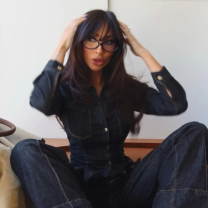 Denim Two-Piece Set with Tailored Button Jacket, Wide-Leg Pants, and Gold Hardware