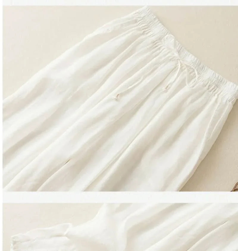 Linen Pants with Elastic Drawstring Waist and Billowed Leg Silhouette in Khaki Cotton-Linen Blend