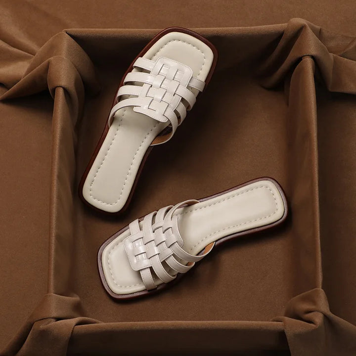 Woven Slides with Cushioned Footbed, Square Open Toe and Slight Heel Lift