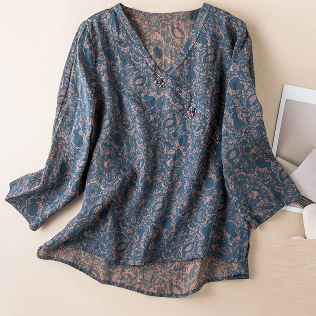 Crosswrap Linen Blend Blouse with Asymmetrical Wrap Design and Relaxed Long Sleeves in Blue