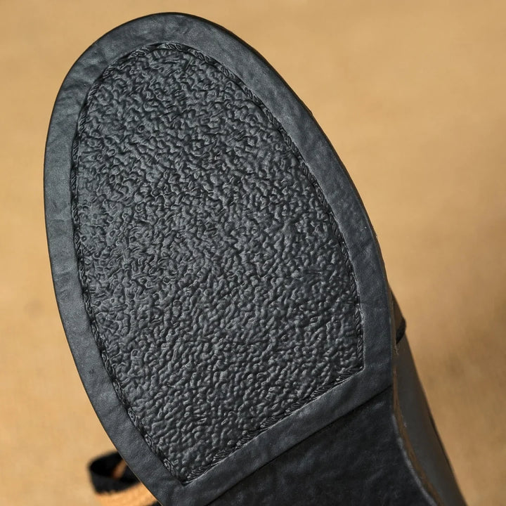 Two-Tone Leather Loafers with Woven Lace Detail and Cushioned Comfort Sole