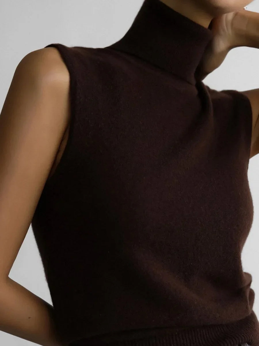 High-Neck Sweater Vest in Soft Wool-Cashmere Blend, Sleeveless Sculpted Fit with Structured Tall Neckline