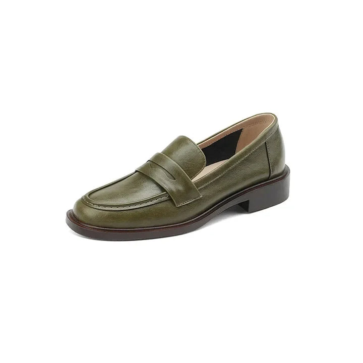 Round Toe Leather Loafers with Cushioned Support and Stacked Heel in Olive