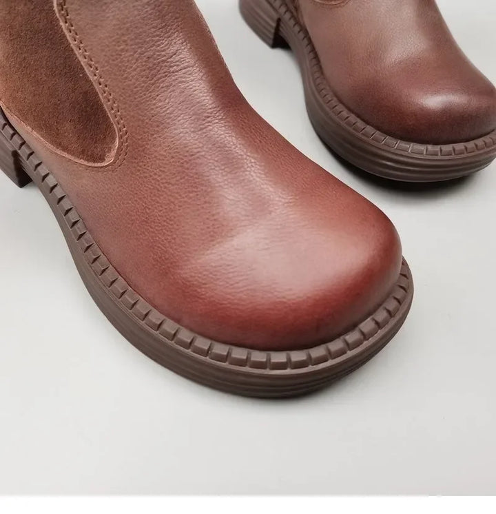 Shearling Riding Boots in Premium Leather-Look with Wool Lining and Side Zipper, Brown