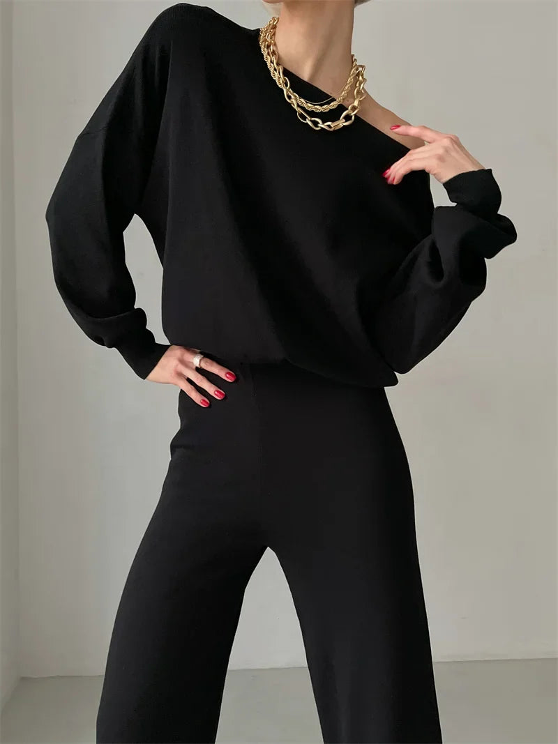 Off-Shoulder Loungewear Knit Set with Soft Flowing Fabric and Relaxed Fit in Camel