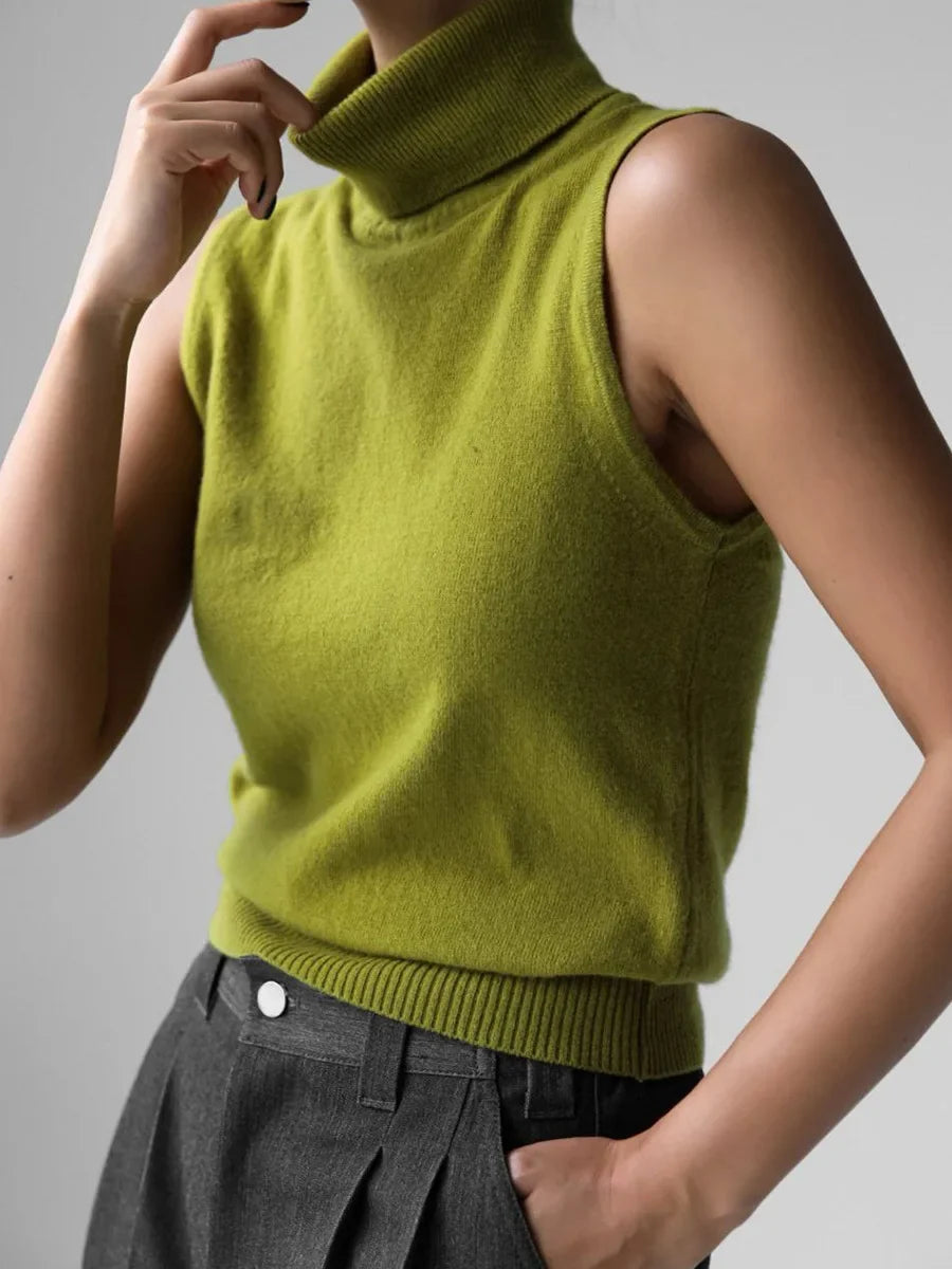 High-Neck Sweater Vest in Soft Wool-Cashmere Blend, Sleeveless Sculpted Fit with Structured Tall Neckline