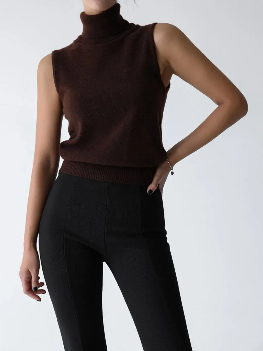 High-Neck Sweater Vest in Soft Wool-Cashmere Blend, Sleeveless Sculpted Fit with Structured Tall Neckline