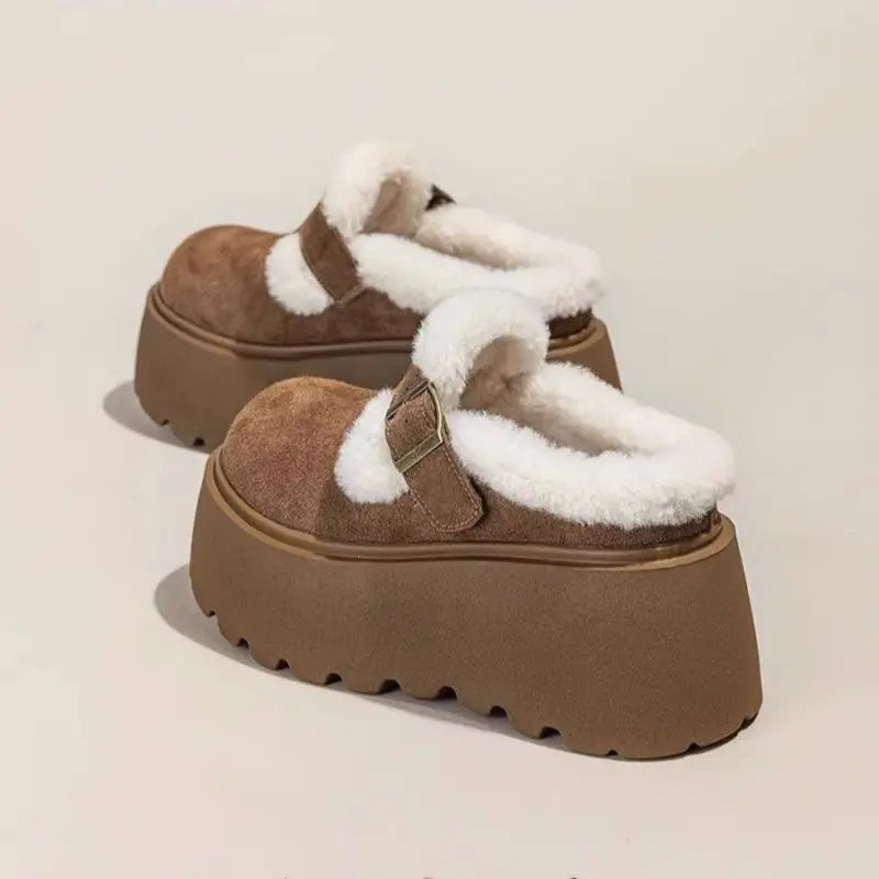 Suede Platform Clogs with Shearling Lining, Adjustable Buckle Strap and Cushioned Sole