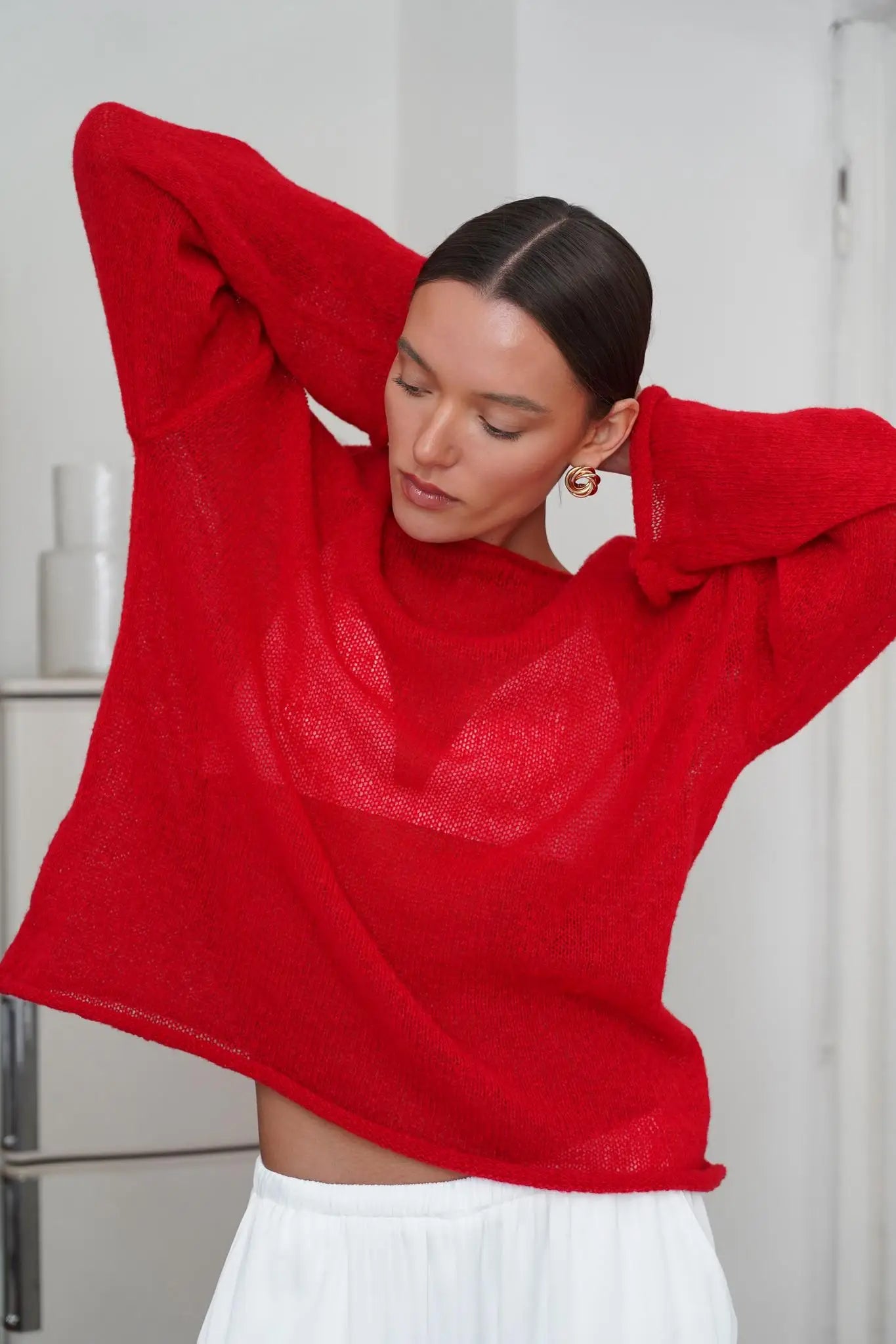 Boatneck Sweater in Merino Wool Blend with Relaxed Fit and Long Sleeves