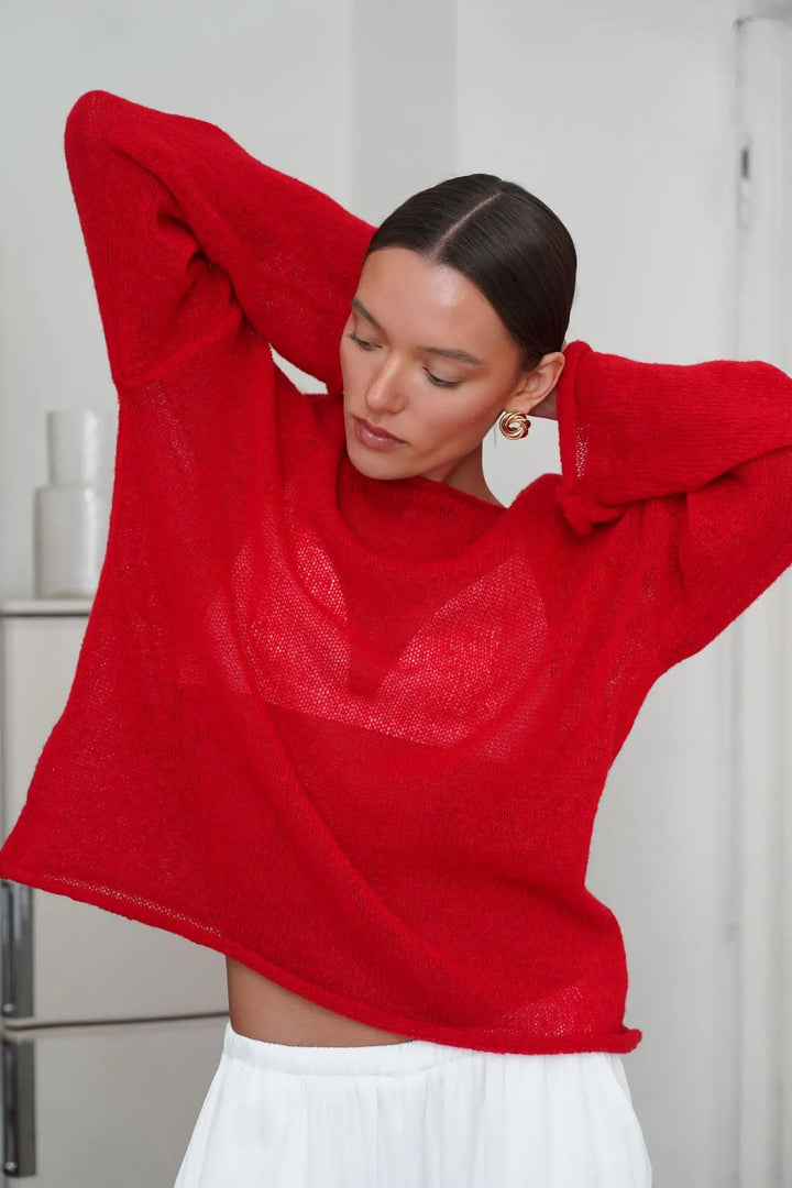Boatneck Sweater in Merino Wool Blend with Relaxed Fit and Long Sleeves