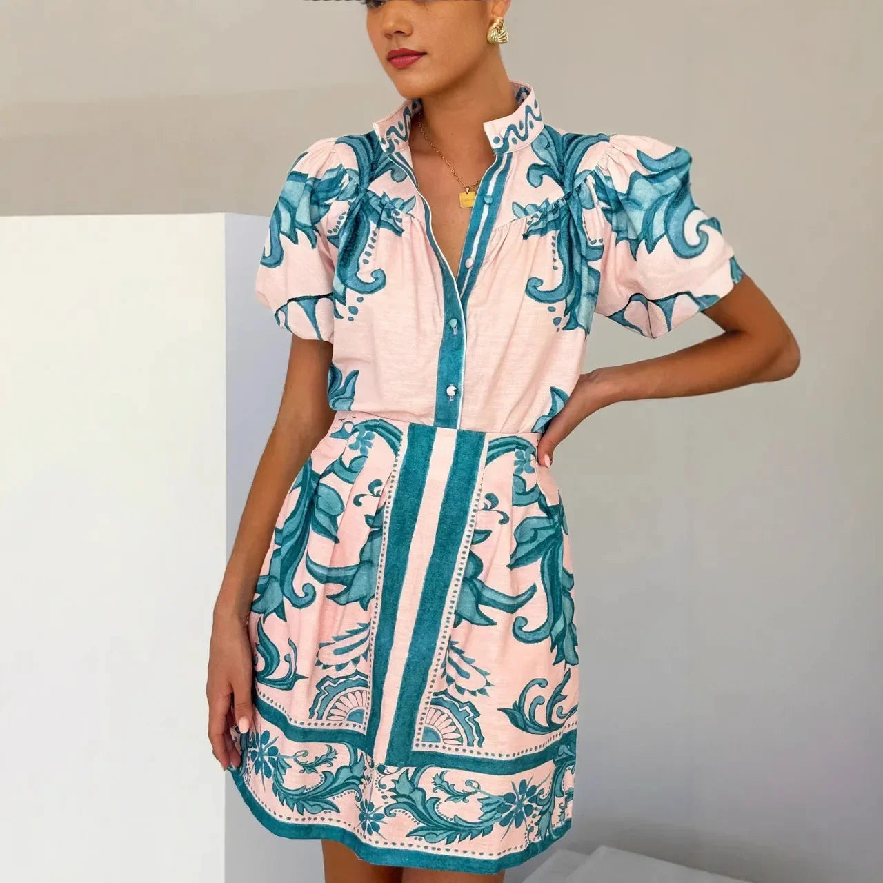 Floral Skirt Co-ord Set in Cotton-Linen Blend with Puff Sleeves and High-Contrast Trim