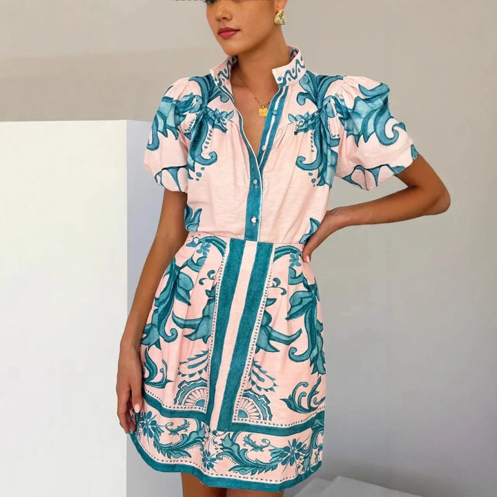 Floral Skirt Co-ord Set in Cotton-Linen Blend with Puff Sleeves and High-Contrast Trim