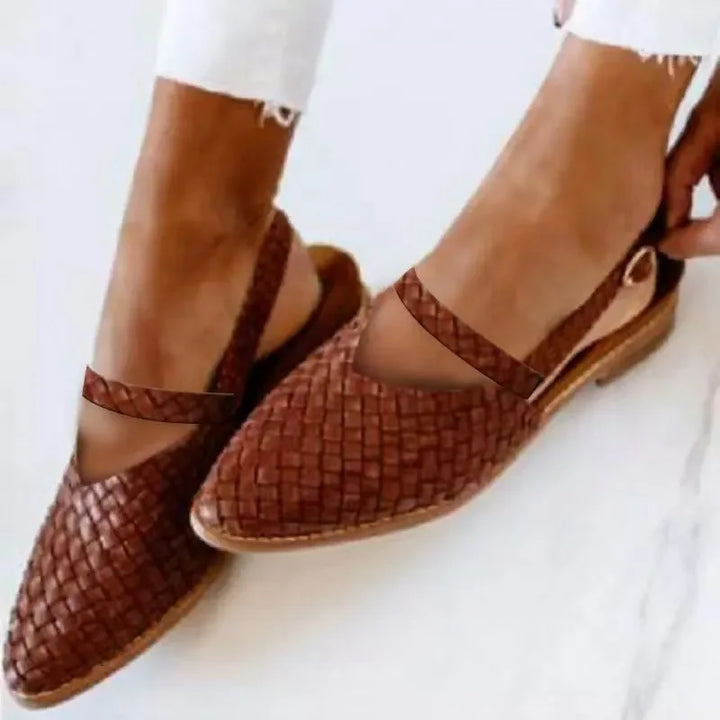 Woven Slingback Flats with Pointed Toe, Adjustable Ankle Strap and Low-Profile Sole, Brown