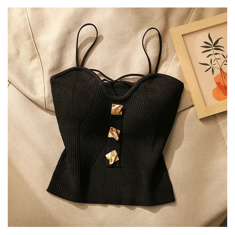 Corset Camisole Top with Ribbed Knit and Gold Statement Buttons in 100% Cotton