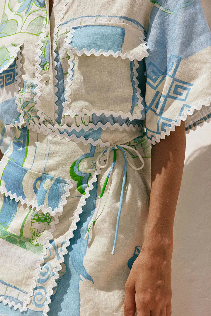 Cotton-Linen Blend Two-Piece Set with Wrap-Style Shorts and Scalloped Trim