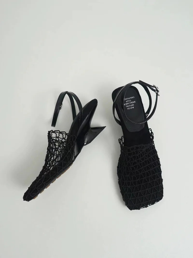 Braided Mesh Heeled Sandals with Square Toe and Ankle Strap, Women's Fallon