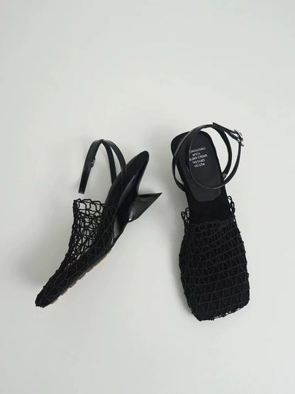 Braided Mesh Heeled Sandals with Square Toe and Ankle Strap, Women's Fallon