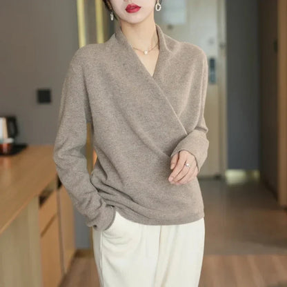V-Neck Wrap Sweater in Soft Cashmere Knit with Relaxed Minimalist Fit for Effortless Layering