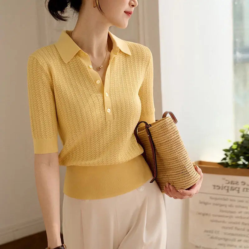 Ribbed Knit Polo Blouse with Button Collar and Breathable Stretch Fabric in Yellow